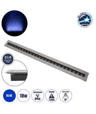 GloboStar® UNDERGROUND-REMVI 90194-B Χωνευτό Φωτιστικό Wall Washer Δαπέδου LED 18W 1440lm 10° DC 24V Αδιάβροχο IP68 L100 x W9 x H7.2cm Μπλε - Ανοξείδωτο Ατσάλι - 3 Years Warranty